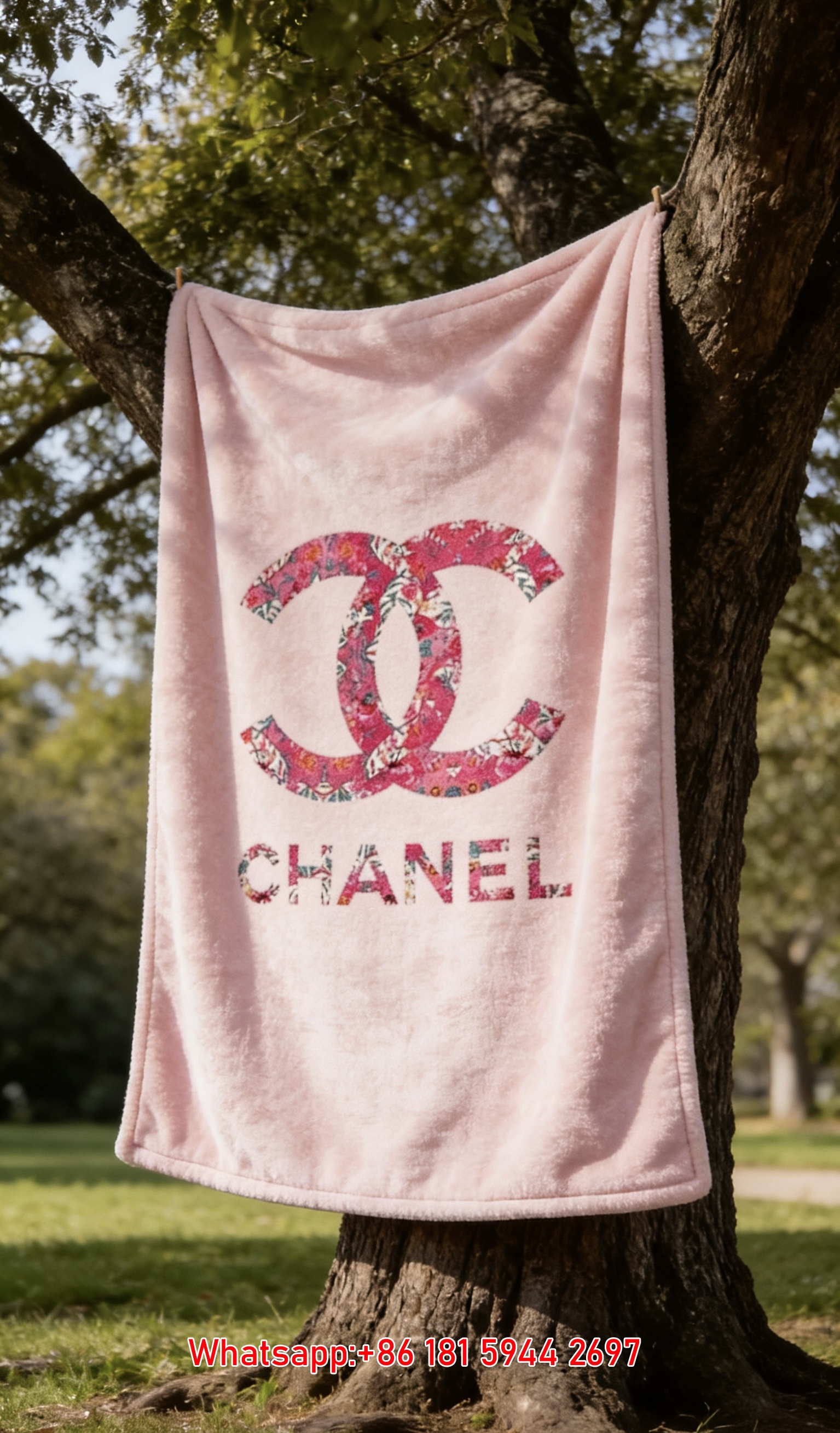Vibrant Pink Floral Chanel Double C Logo Flannel Sofa Throw Blanket IMG_6986